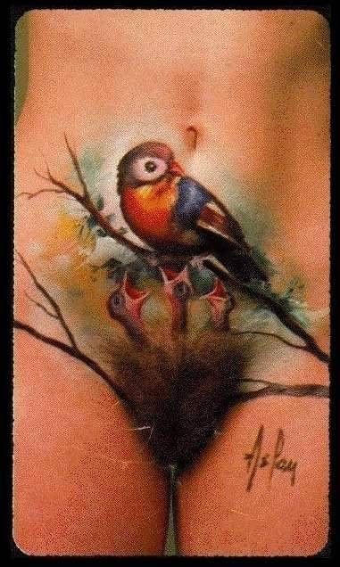 peinture oiseau sur un nid